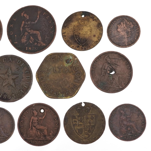 1450 - 18th and 19th century copper coins and gaming tokens to include farthings and pennies.