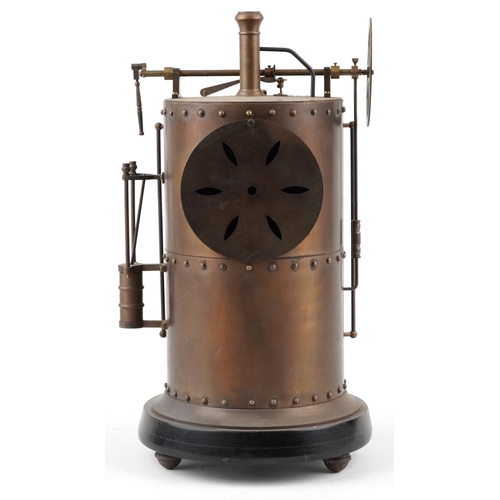 336 - A large French brass clock in the form of an industrial boiler, striking on a bell, having enamelled... 