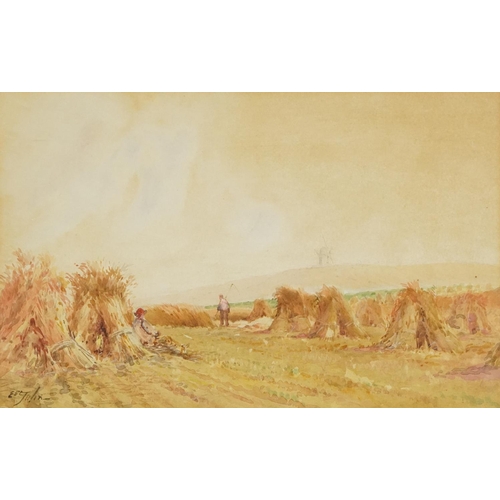 2812 - Haystacks, late 19th century British school watercolour on paper, indistinctly signed, framed, 24cm ... 