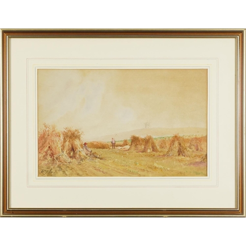 2812 - Haystacks, late 19th century British school watercolour on paper, indistinctly signed, framed, 24cm ... 