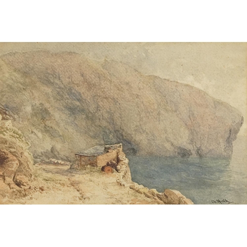 2813 - Abraham Hulk - Fisherman's hut on cliff, late 19th century British school watercolour on paper, sign... 