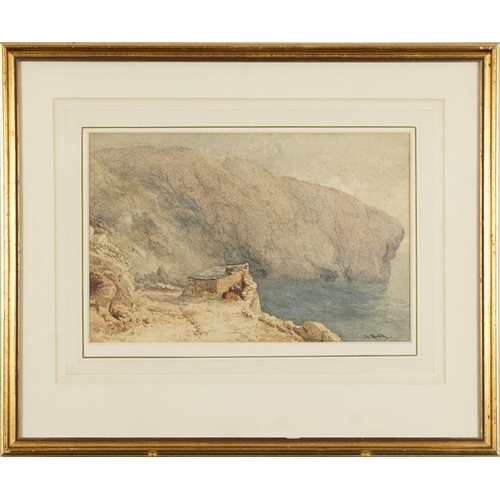 2813 - Abraham Hulk - Fisherman's hut on cliff, late 19th century British school watercolour on paper, sign... 