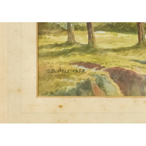 2811 - A. D. Bell - Lakeside landscape, mid 20th century British school watercolour on paper, signed and da... 