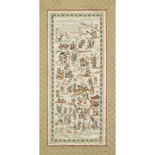 383 - A Chinese embroidered silk panel, 20th century, framed, 56cm x 24cm, together with a similar embroid... 