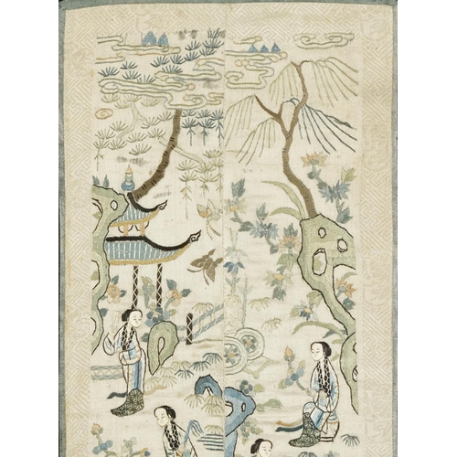 383 - A Chinese embroidered silk panel, 20th century, framed, 56cm x 24cm, together with a similar embroid... 