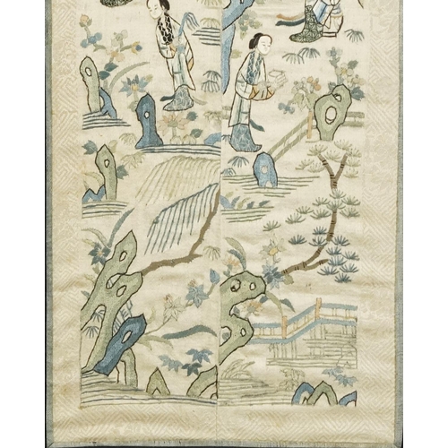 383 - A Chinese embroidered silk panel, 20th century, framed, 56cm x 24cm, together with a similar embroid... 