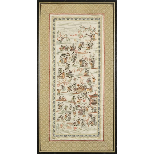 383 - A Chinese embroidered silk panel, 20th century, framed, 56cm x 24cm, together with a similar embroid... 