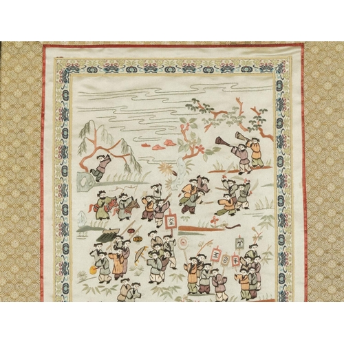 383 - A Chinese embroidered silk panel, 20th century, framed, 56cm x 24cm, together with a similar embroid... 