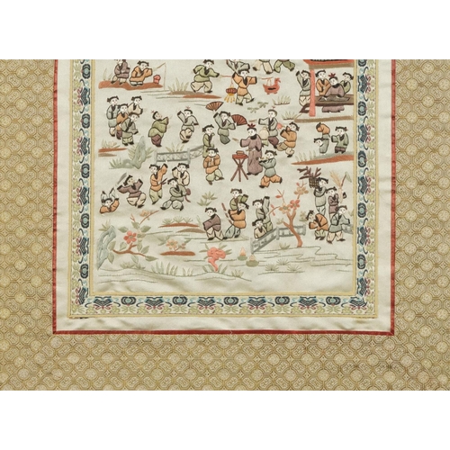 383 - A Chinese embroidered silk panel, 20th century, framed, 56cm x 24cm, together with a similar embroid... 