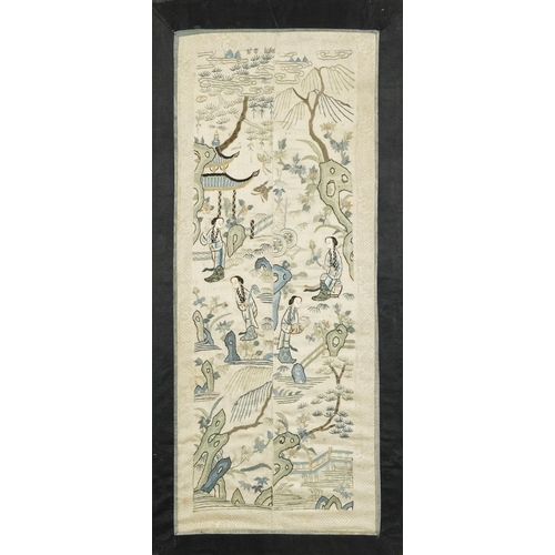 383 - A Chinese embroidered silk panel, 20th century, framed, 56cm x 24cm, together with a similar embroid... 