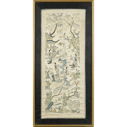 383 - A Chinese embroidered silk panel, 20th century, framed, 56cm x 24cm, together with a similar embroid... 