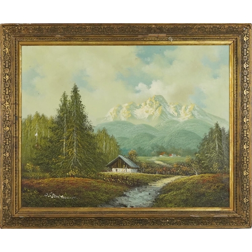 2607 - Swiss landscape, 20th century continental school oil on canvas, indistinctly signed, framed, 46cm x ... 