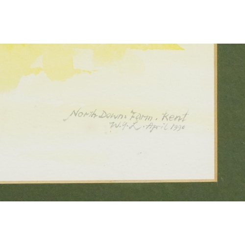 2606 - North Downs Farm, Kent, late 20th century British school watercolour on paper, framed, 30cm x 54cm, ... 