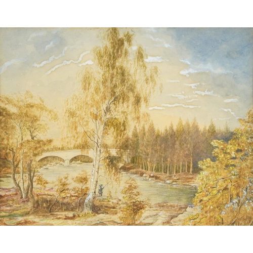 2808 - Fishing beside a river, a late 19th century watercolour on paper, framed, 20cm x 26cm.