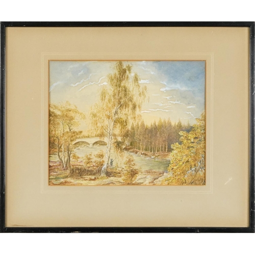 2808 - Fishing beside a river, a late 19th century watercolour on paper, framed, 20cm x 26cm.