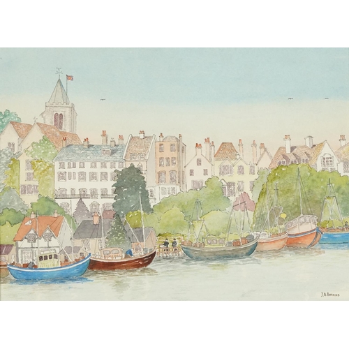 2788 - J.A. Aness - Boats on a river bank, late 20th century British school watercolour on paper, signed, f... 