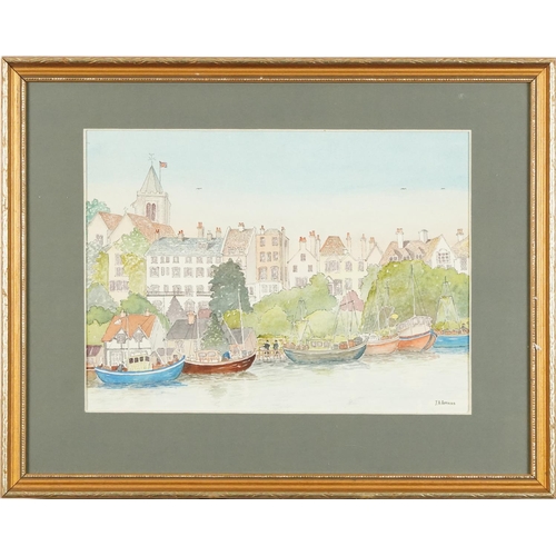 2788 - J.A. Aness - Boats on a river bank, late 20th century British school watercolour on paper, signed, f... 