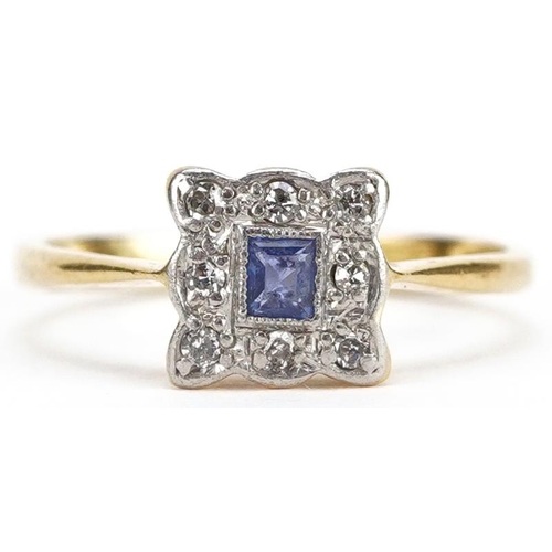 120 - An Art Deco 18ct gold sapphire and diamond cluster ring, size L, 2.3g.