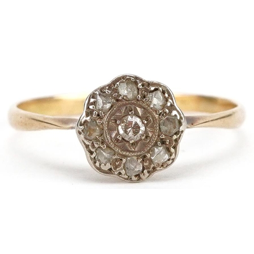 411 - An Art Deco 18ct gold diamond flower head ring, size L, 1.3g, housed in an H Moseley Derby jeweller'... 