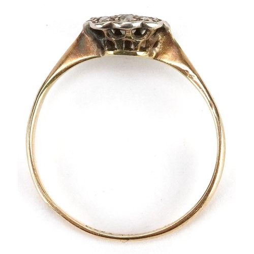 411 - An Art Deco 18ct gold diamond flower head ring, size L, 1.3g, housed in an H Moseley Derby jeweller'... 