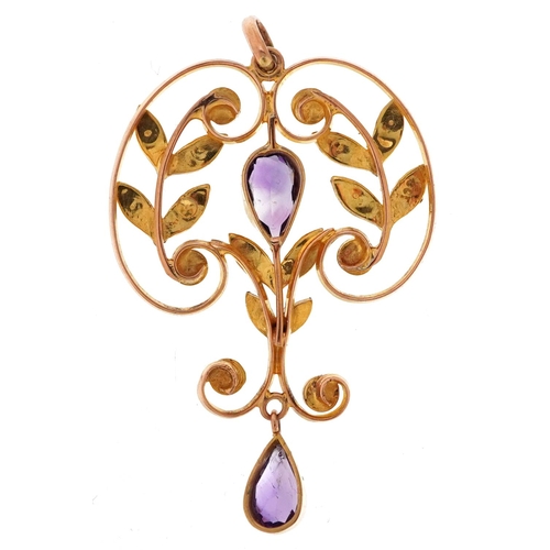 141 - An Edwardian 9ct gold seed pearl and amethyst openwork pendant, 4cm high, 2.5g.