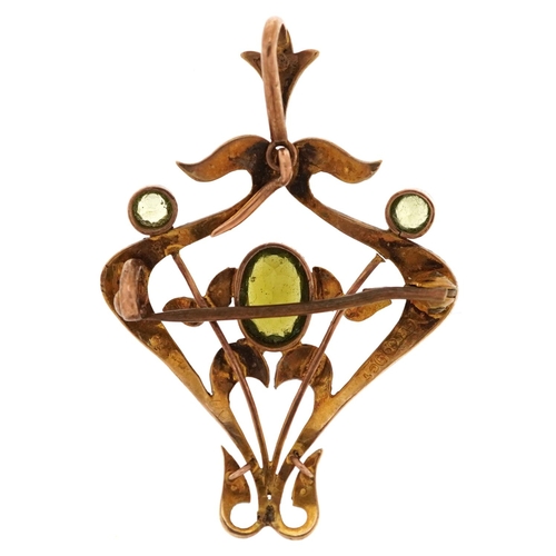 236 - An Art Nouveau 9ct gold peridot and seed pearl openwork brooch pendant, 4cm high, 3.4g.