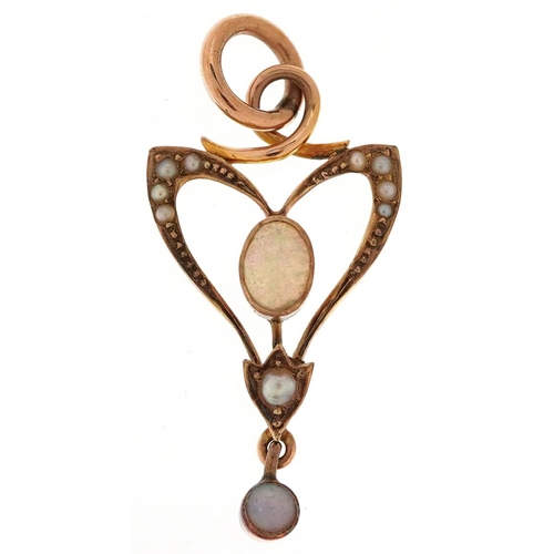 294 - An Edwardian 9ct gold seed pearl and cabochon opal openwork pendant, 3cm high, 1.6g.