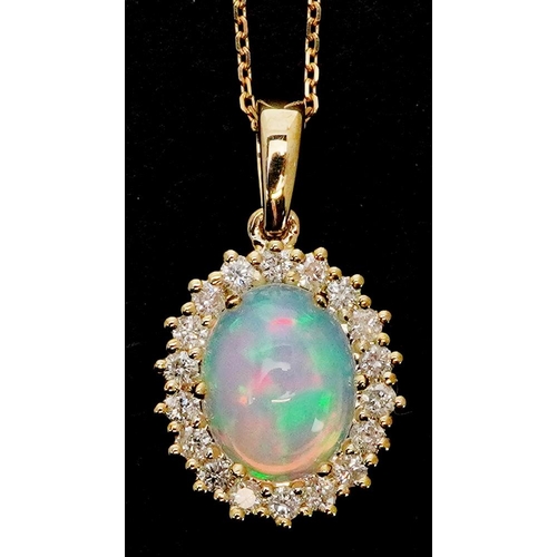 67 - A 18ct yellow gold cabochon opal and diamond cluster pendant on a 9ct gold necklace, total diamond w... 