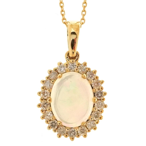 67 - A 18ct yellow gold cabochon opal and diamond cluster pendant on a 9ct gold necklace, total diamond w... 