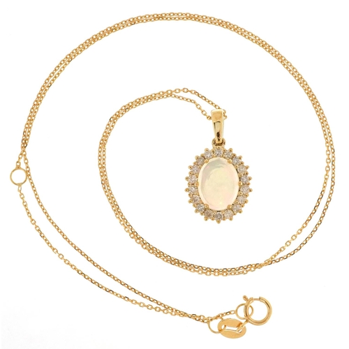 67 - A 18ct yellow gold cabochon opal and diamond cluster pendant on a 9ct gold necklace, total diamond w... 