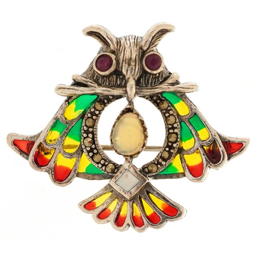 415 - A silver plique-à-jour enamel pendant brooch in the form of an owl set with an opal and ruby eyes, 4... 