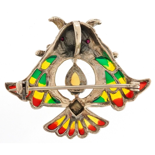 415 - A silver plique-à-jour enamel pendant brooch in the form of an owl set with an opal and ruby eyes, 4... 