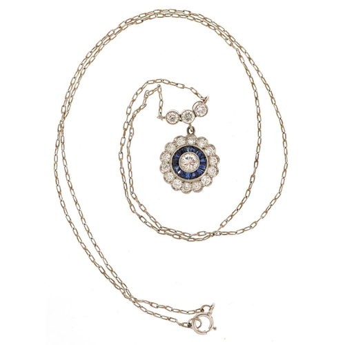 161 - An Art Deco style platinum diamond and sapphire cluster necklace, total diamond weight approximately... 