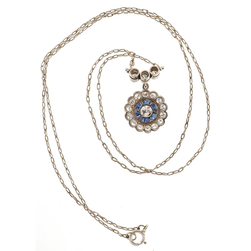 161 - An Art Deco style platinum diamond and sapphire cluster necklace, total diamond weight approximately... 