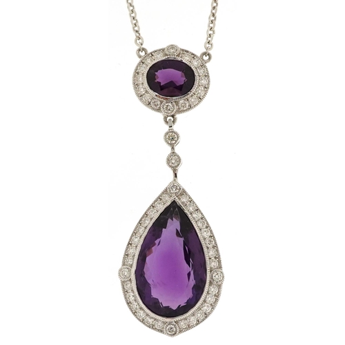 379 - A good 18ct white gold large amethyst and round brilliant cut diamond teardrop necklace, total diamo... 