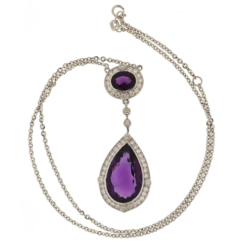 379 - A good 18ct white gold large amethyst and round brilliant cut diamond teardrop necklace, total diamo... 