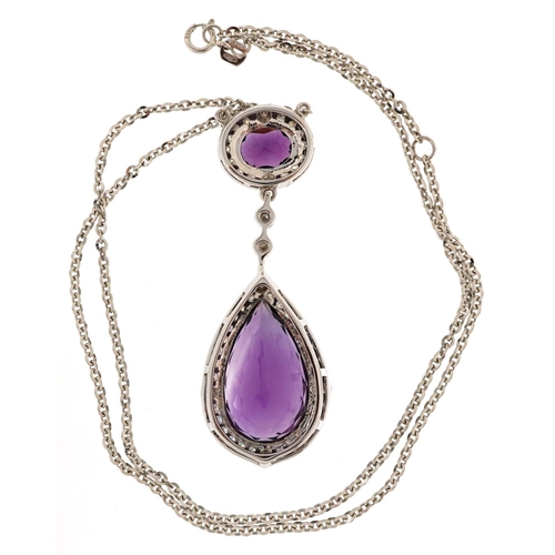 379 - A good 18ct white gold large amethyst and round brilliant cut diamond teardrop necklace, total diamo... 