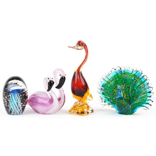 1312 - Three mid/late 20th century coloured glass animal figures including a flamingo, swan and peacock tog... 