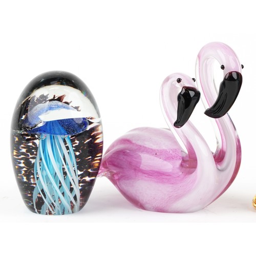 1312 - Three mid/late 20th century coloured glass animal figures including a flamingo, swan and peacock tog... 