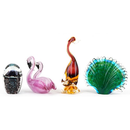 1312 - Three mid/late 20th century coloured glass animal figures including a flamingo, swan and peacock tog... 