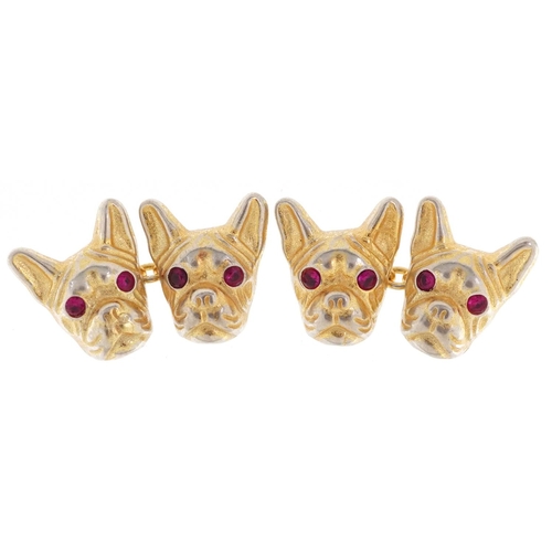 389 - A pair of silver gilt French Bulldog design cufflinks  with ruby eyes, impressed Russian marks, 2.5c... 