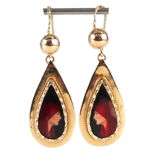 418 - A pair of French 18ct gold enamel drop earrings hand painted with a portrait of a young female, 5cm ... 