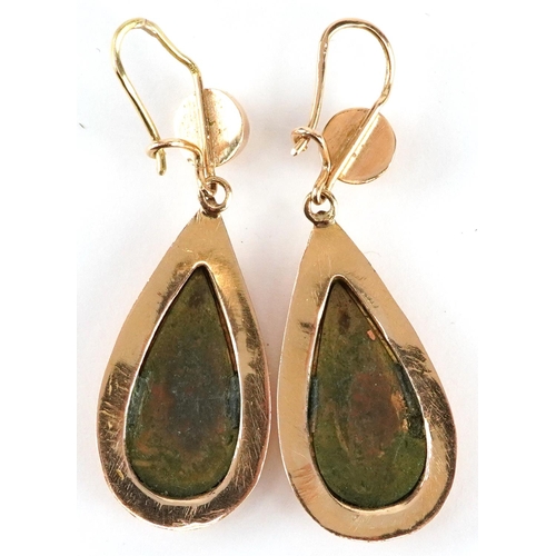 418 - A pair of French 18ct gold enamel drop earrings hand painted with a portrait of a young female, 5cm ... 