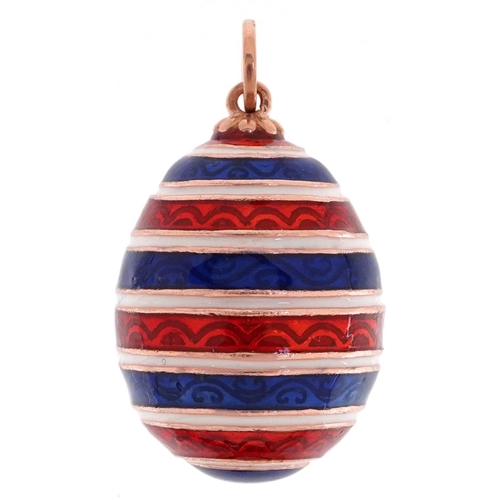 475 - A 14ct gold blue, white and red guilloche enamel egg pendant, impressed Russian marks, 2.6cm high, 1... 