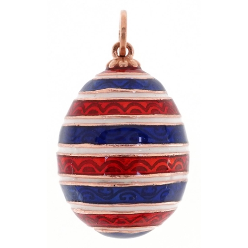 475 - A 14ct gold blue, white and red guilloche enamel egg pendant, impressed Russian marks, 2.6cm high, 1... 