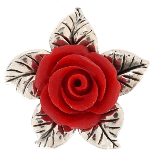 340 - A sterling silver and coral design rose head pendant, 3cm high, 8.3g.