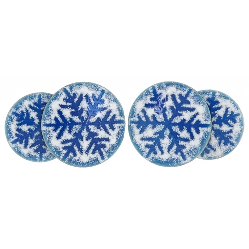 302 - A pair of sterling silver and enamel snowflake design cufflinks, 1.9cm in diameter, total 9.7g.