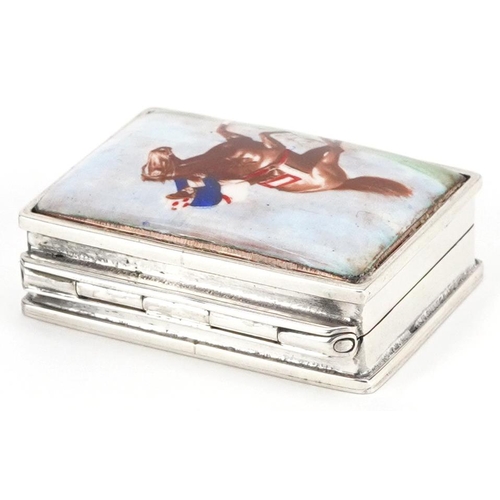 687 - A rectangular silver and enamel pillbox hand painted with a jockey on horseback, 3.5cm wide, 28.5g.