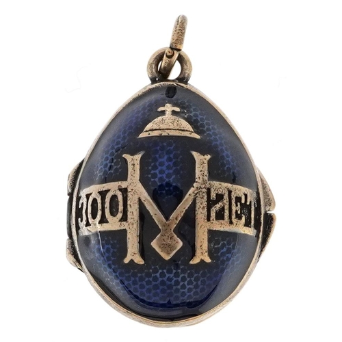 609 - A silver and blue guilloche enamel egg locket, impressed Russian marks, 2.4cm high, 11.7g.