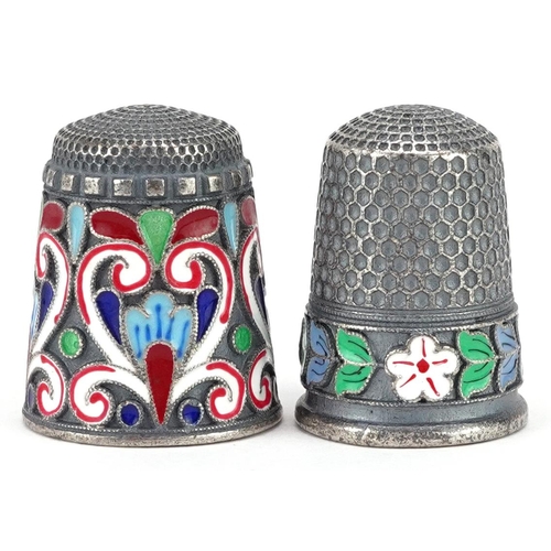 699 - Two silver and champlevé enamel thimbles, impressed Russian marks, 2.3cm high, total 21.4g